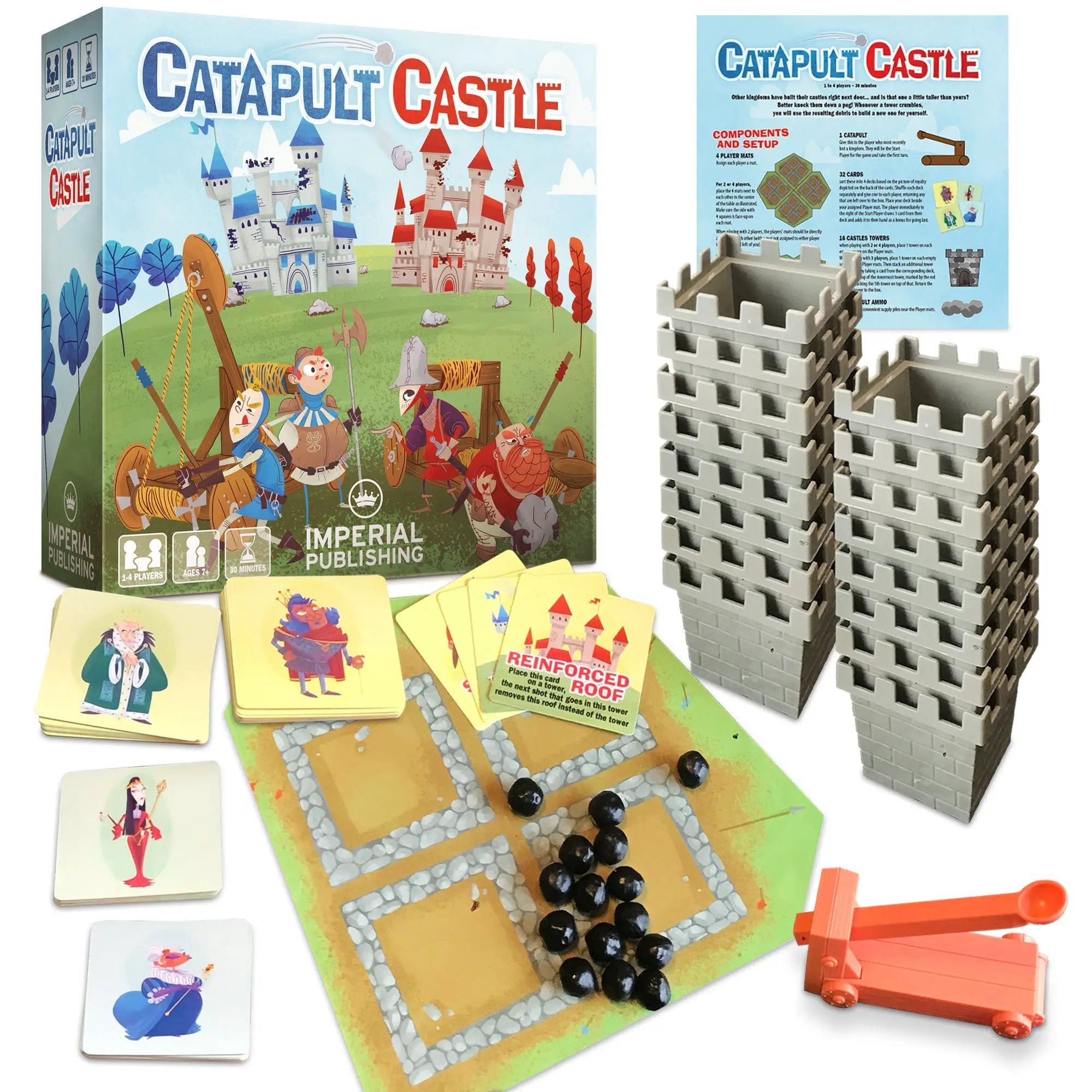 Medieval-themed Catapult Castle dexterity game for 1-4 players by Mayday Games, featuring castle and catapult components.