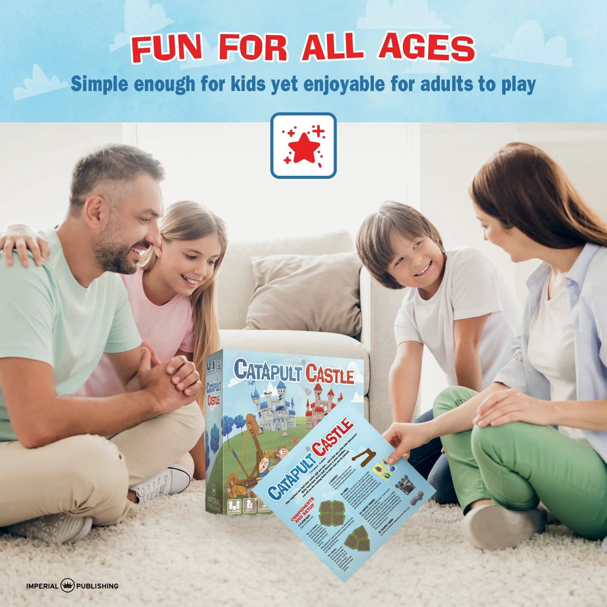 Mayday Games Catapult Castle medieval dexterity game with colorful castle and game pieces for 1-4 players.