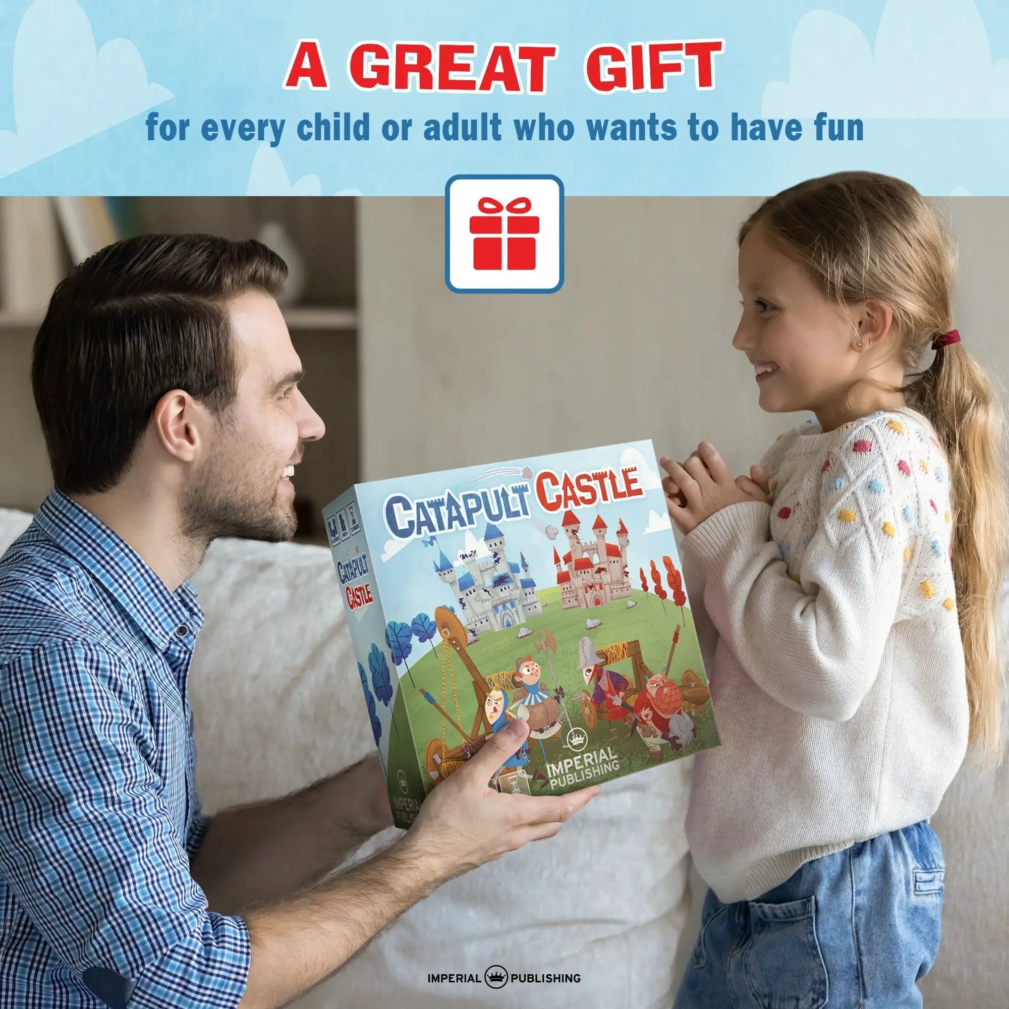 Mayday Games Catapult Castle medieval dexterity game with colorful castle pieces and game components for 1-4 players.