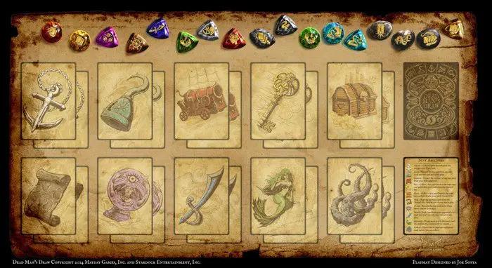 Neoprene game playmat for Dead Man's Draw card game by Mayday Games, featuring colorful pirate-themed artwork.