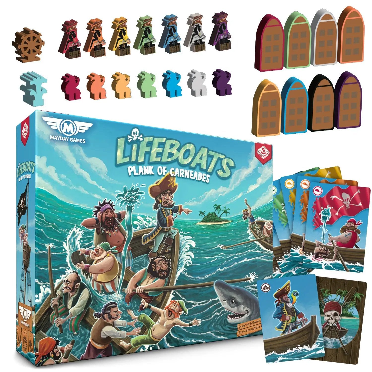 Lifeboats "Plank of Carneades" game by Mayday Games showing game components and colorful artwork on the box.