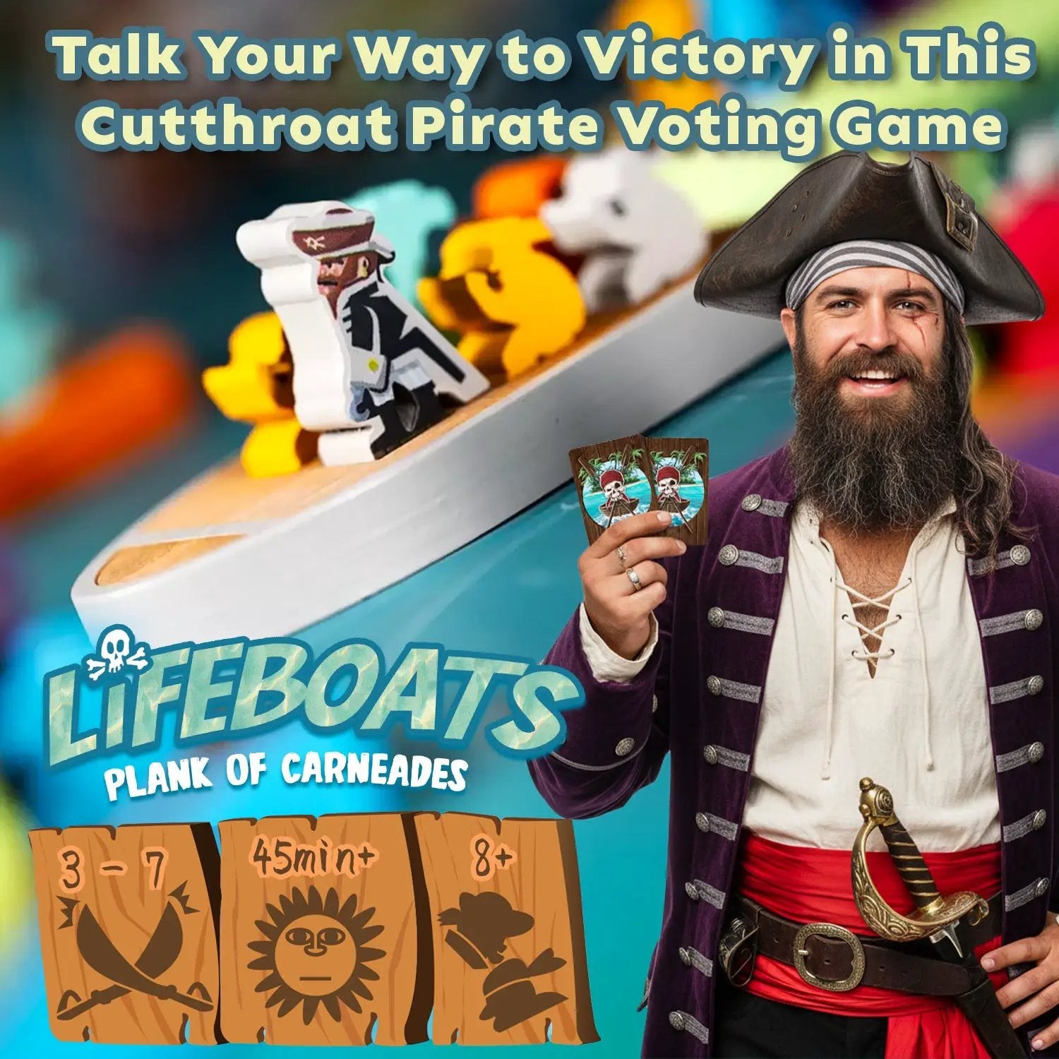 Lifeboats “Plank of Carneades” game by Mayday Games, featuring colorful game components and a wooden plank display.