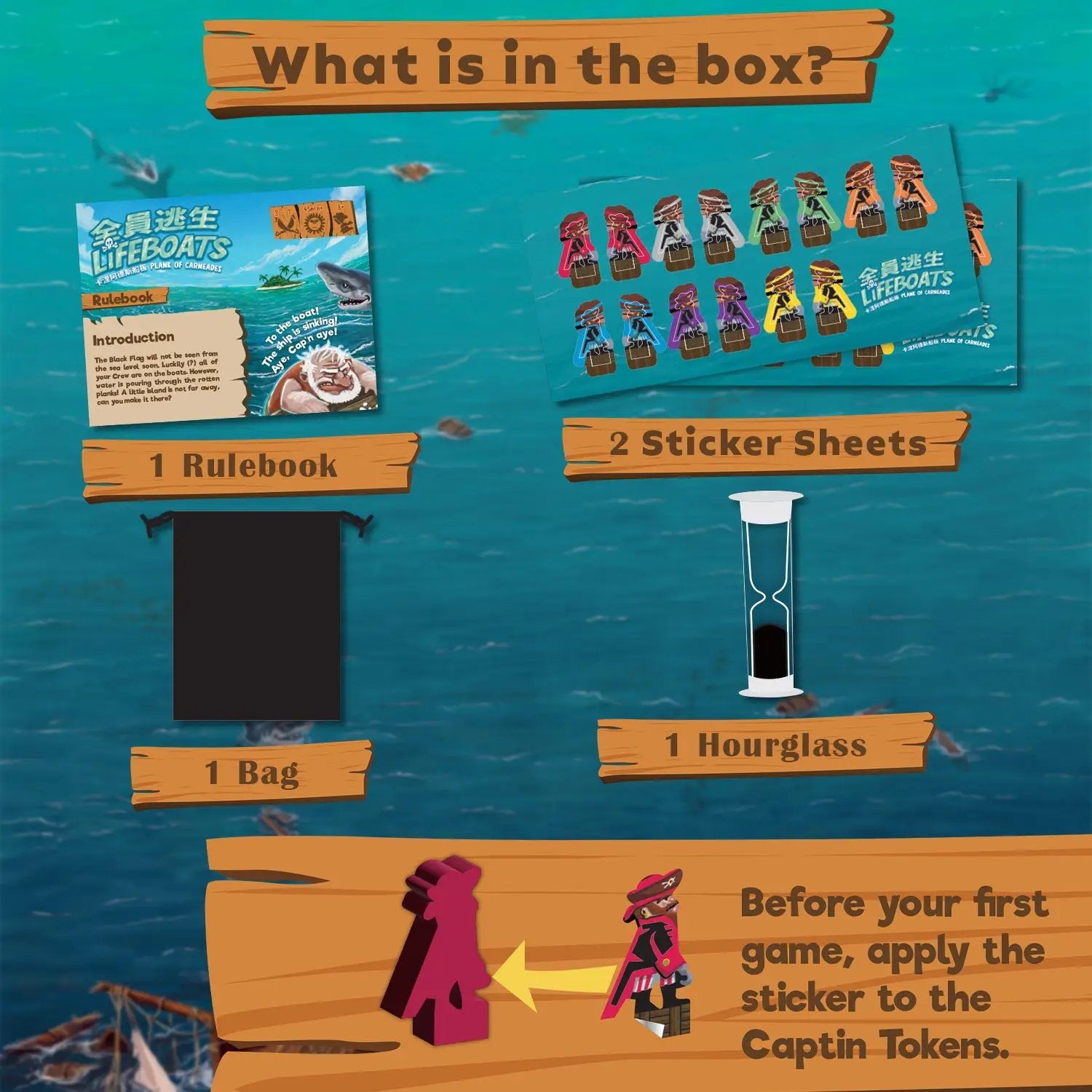 Lifeboats "Plank of Carneades" game by Mayday Games, showing game box with colorful artwork and title.