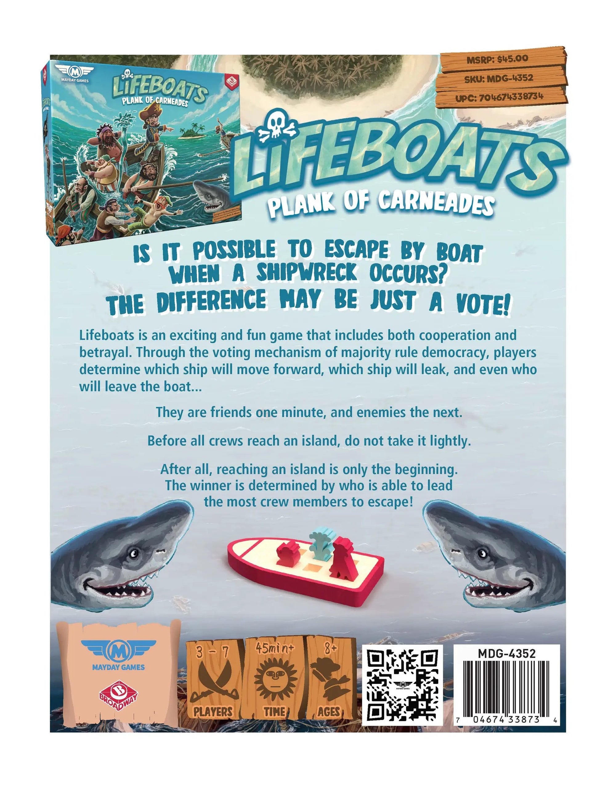 Lifeboats "Plank of Carneades" game by Mayday Games showing a thematic illustration on the game's box.
