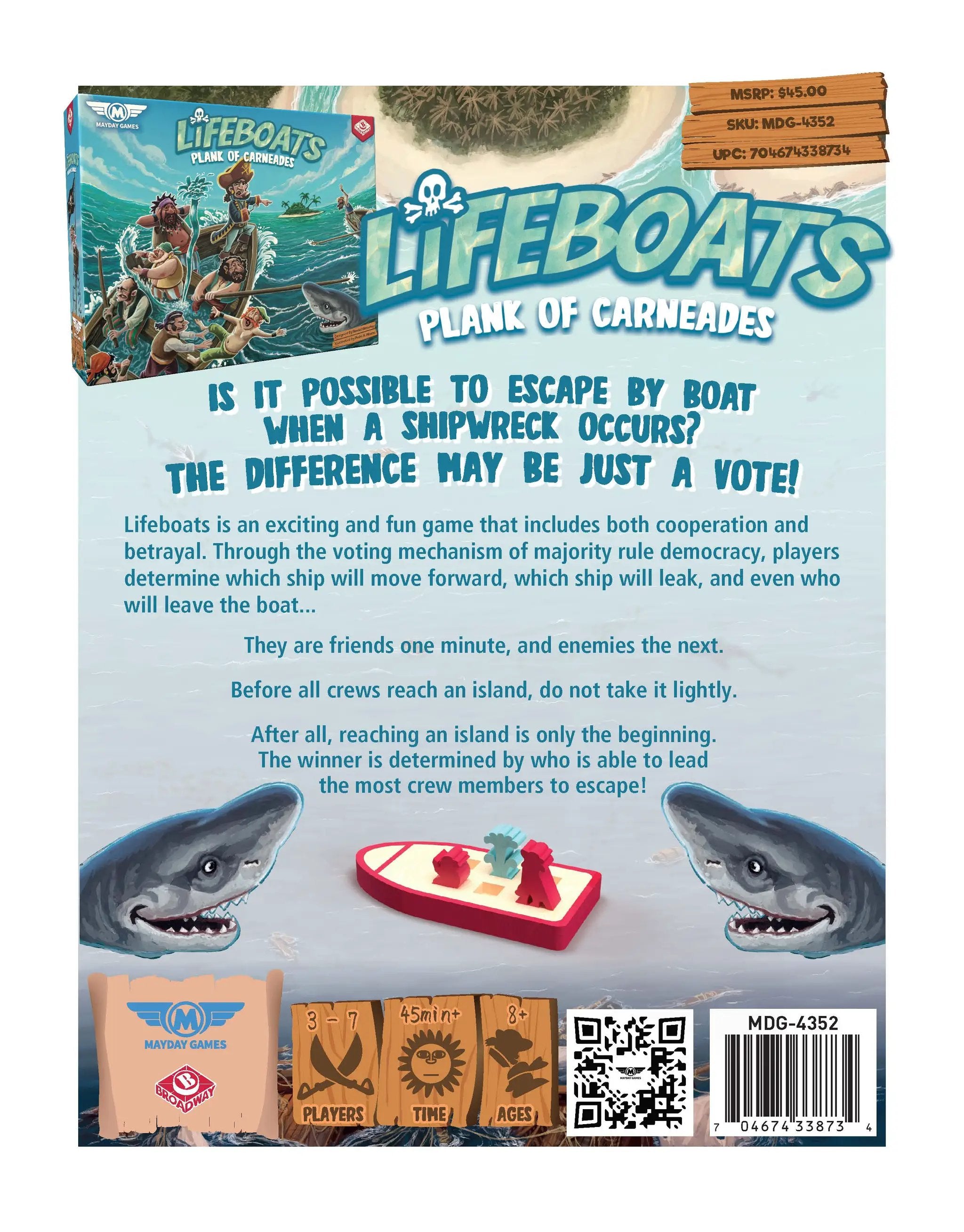 Lifeboats "Plank of Carneades" game by Mayday Games showing a thematic illustration on the game's box.