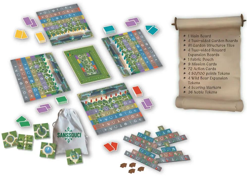 Sanssouci board game components by Mayday Games, including game pieces, cards, and tokens for 2-4 players.