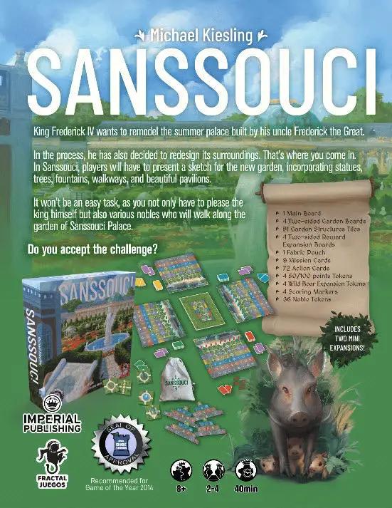 Sanssouci board game by Michael Keisling for 2-4 players, featuring colorful game components and a detailed game board.