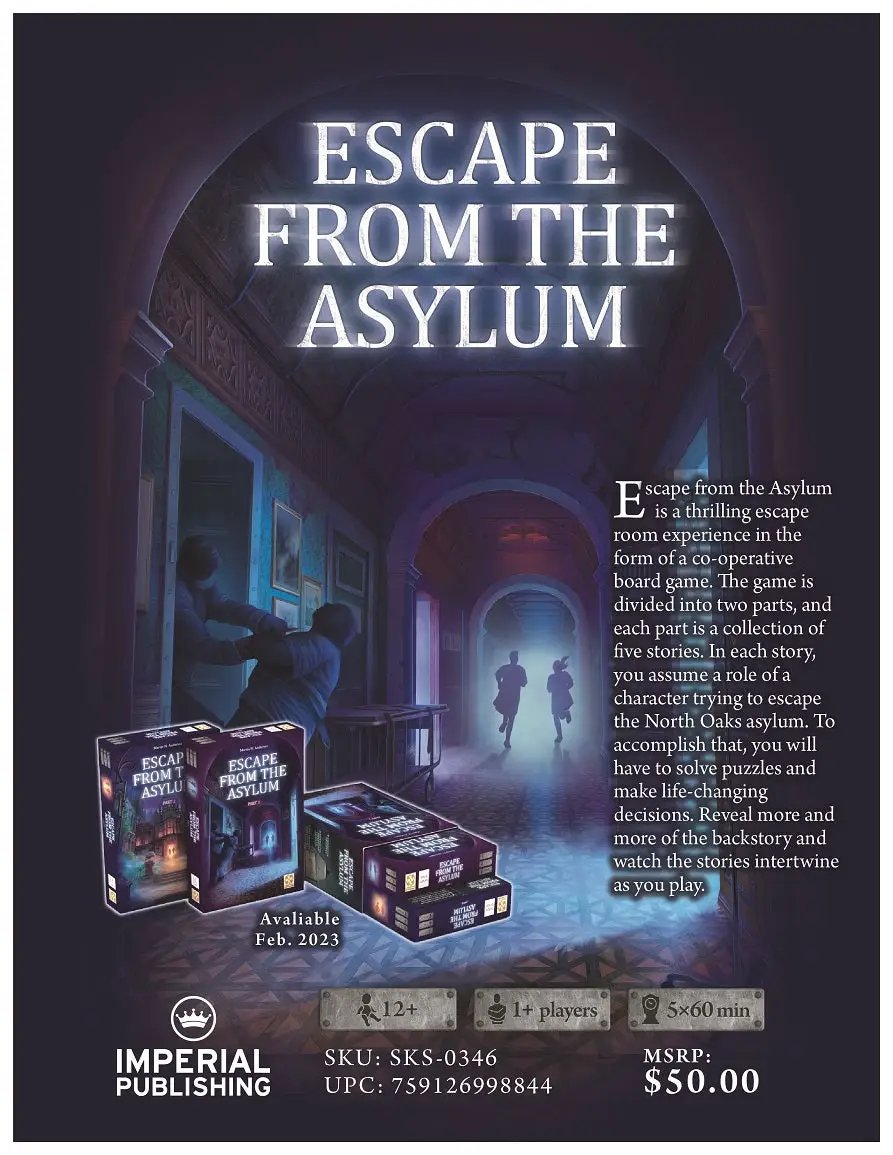 Illustration of the Standard Edition Escape from the Asylum cooperative board game by Mayday Games, featuring spooky asylum scenes.