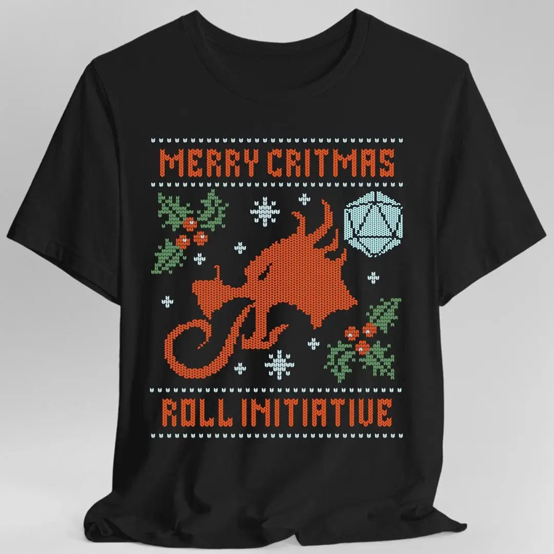 Merry Critmas Ugly Sweater T-shirt Roll Initiative by Sunburst RPG