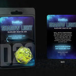 UV reactive metallic D20 die from Fanroll Shadow Light series by The Mighty Hobby Shop, showcasing a luminous liquid core.