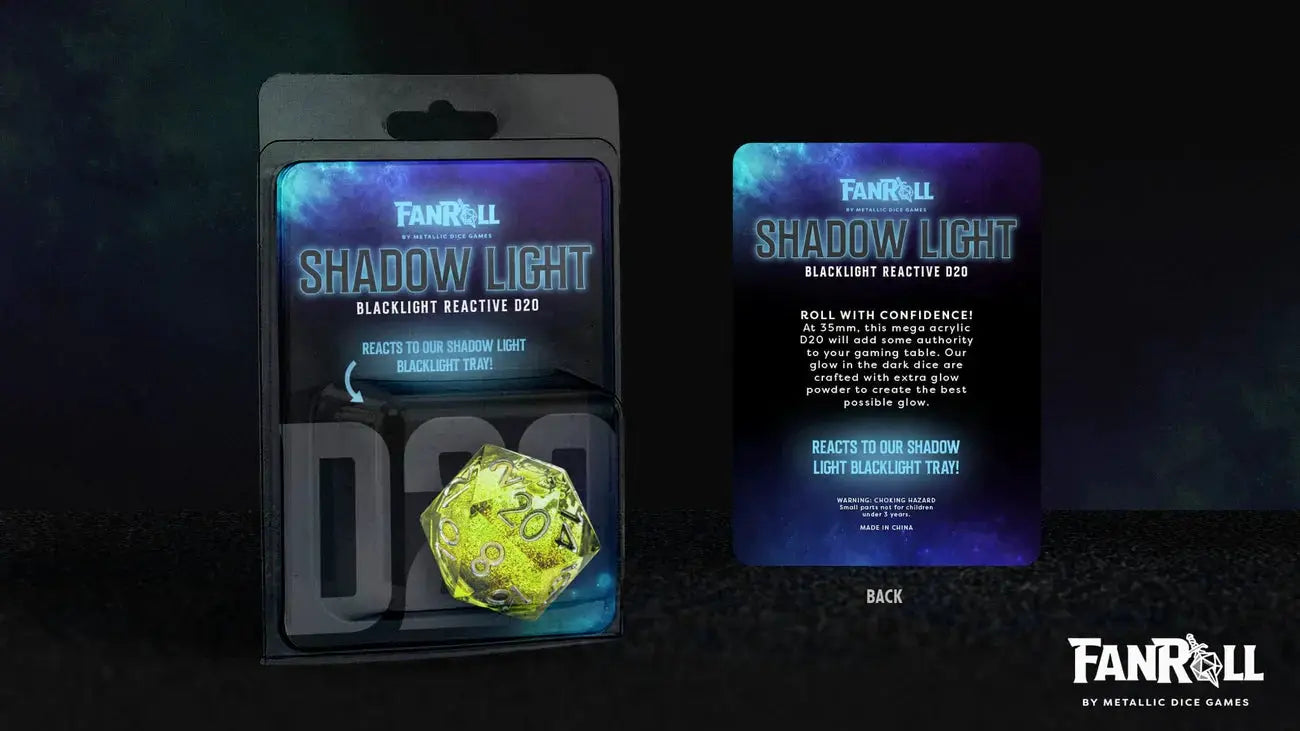 UV reactive metallic D20 die from Fanroll Shadow Light series by The Mighty Hobby Shop, showcasing a luminous liquid core.