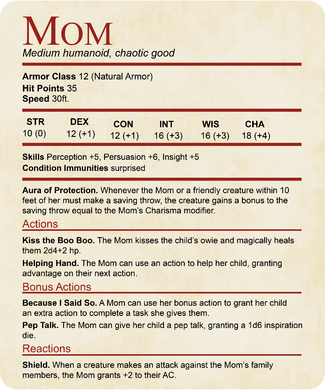 Mom DND Shirt - Funny Stat Block