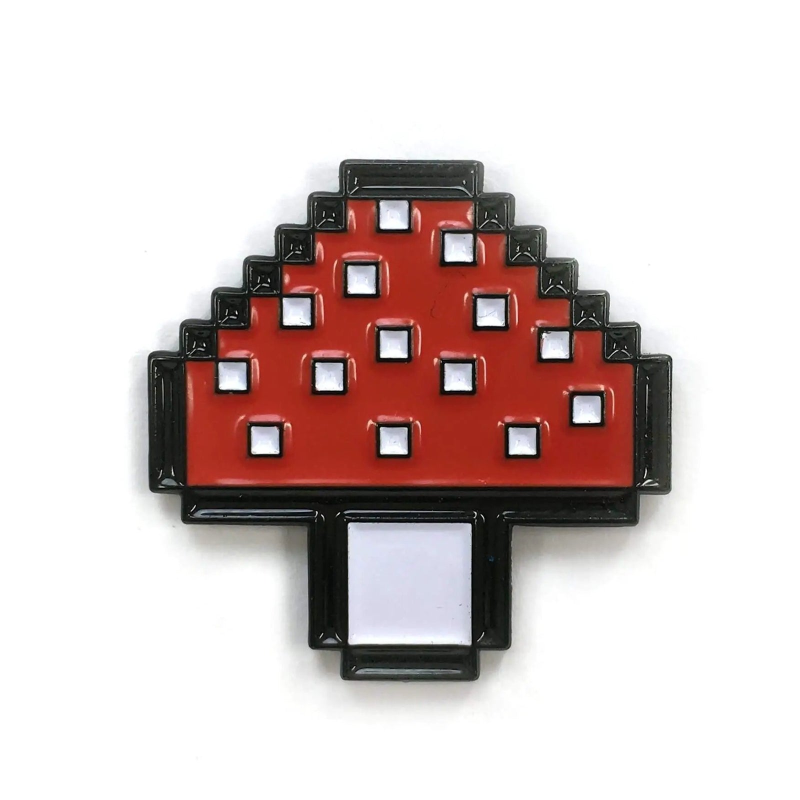 Kolorspun Mushroom Pixel Pin, colorful enamel pin featuring a pixelated mushroom design on a white background.