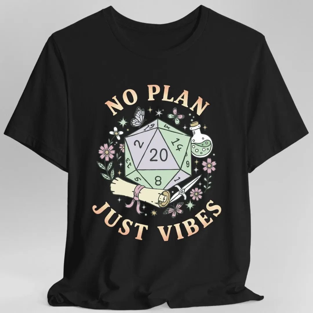Black Sunburst RPG No Plan Just Vibes D&D T-Shirt with bold graphic design and comfortable fit, perfect for tabletop gaming fans.