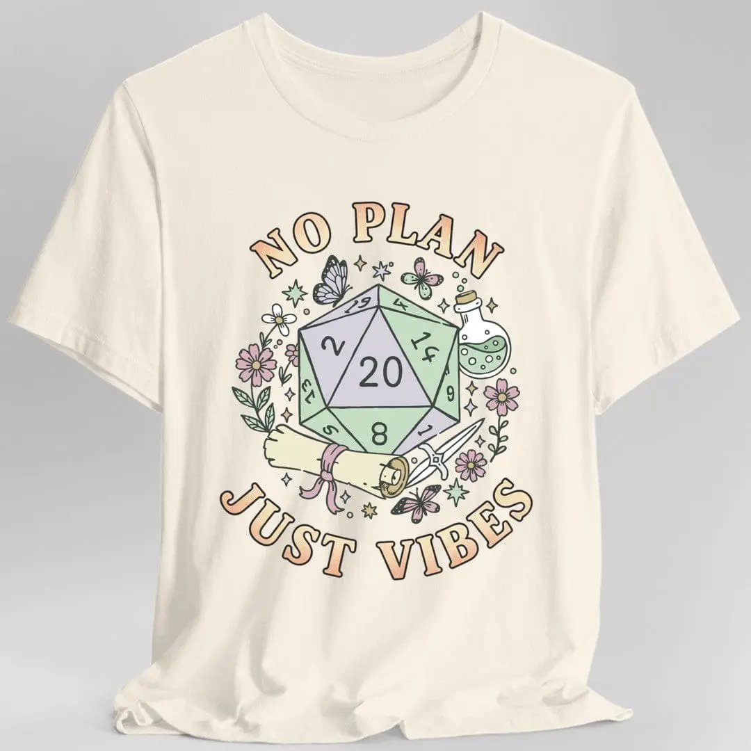 Sunburst RPG No Plan Just Vibes D&D T-Shirt, natural fit, soft fabric, with bold D&D-themed design on front.