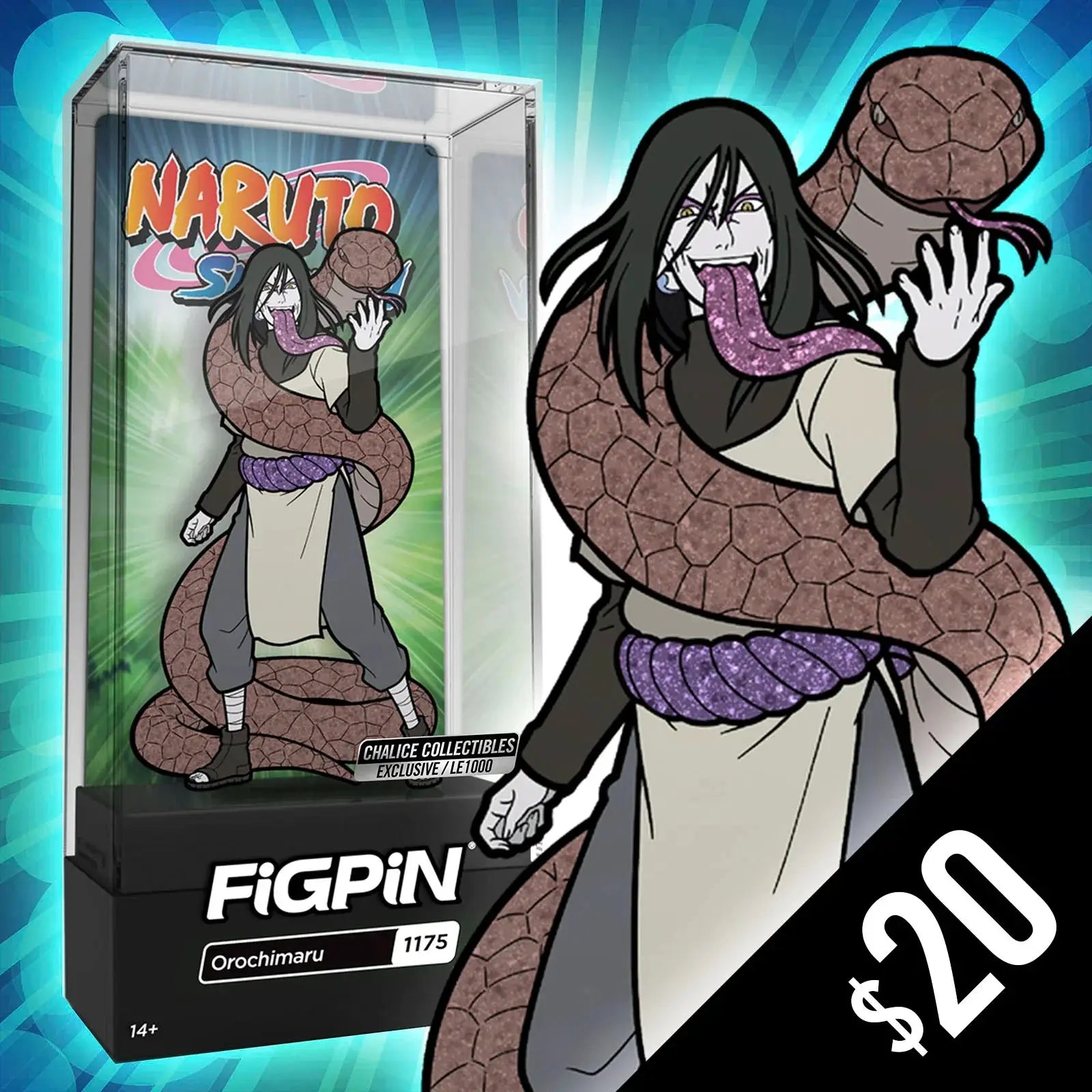 Glitter enamel pin of Orochimaru from Naruto Shippuden, collectible LE 1000, featuring detailed design and vibrant colors.
