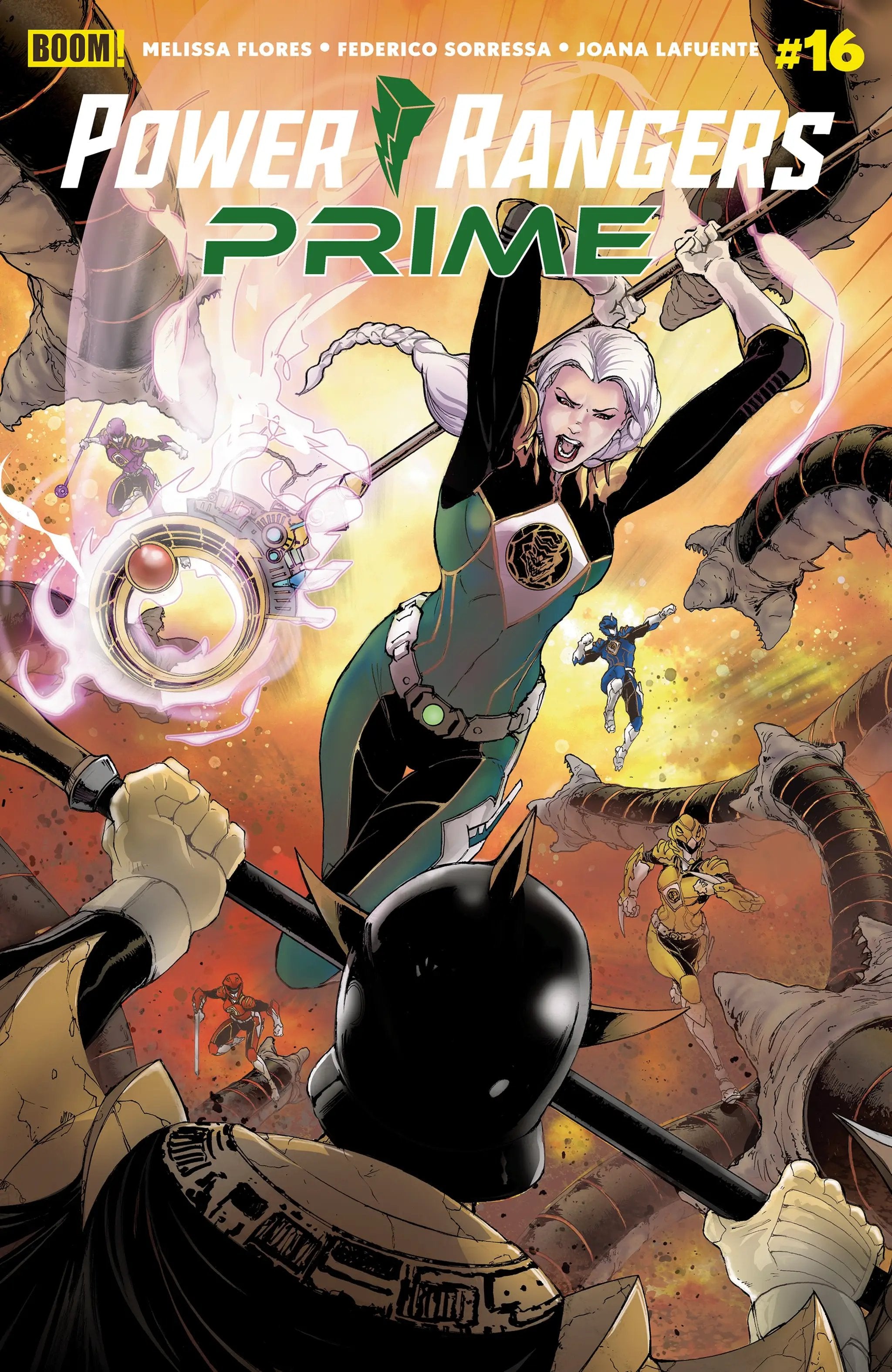 Power Rangers Prime #16 comic book by Penguin Random House featuring vibrant action scenes and characters in dynamic poses.