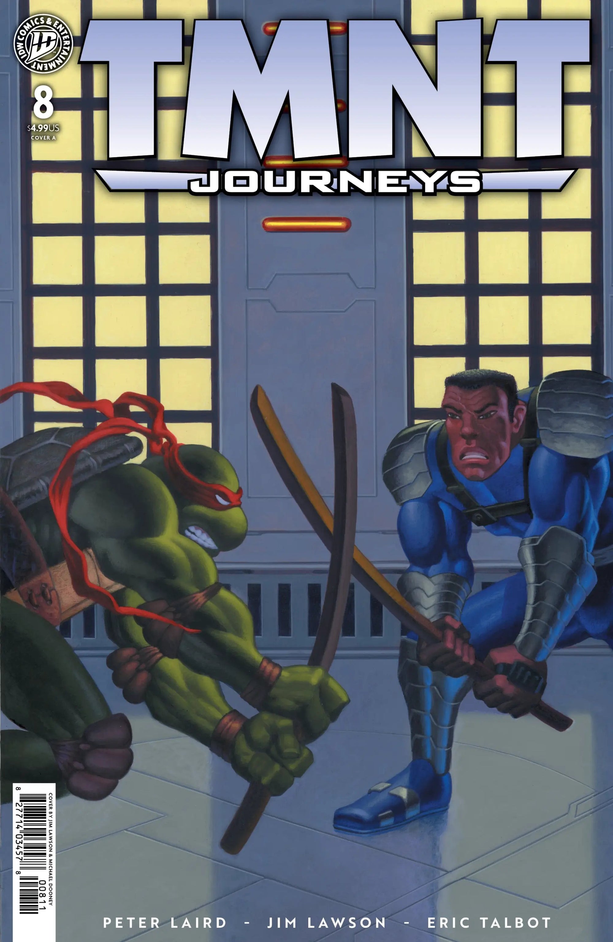 Cover of TMNT: Journeys #8 comic book by Penguin Random House featuring Dooney Lawson's artwork and Teenage Mutant Ninja Turtles characters.