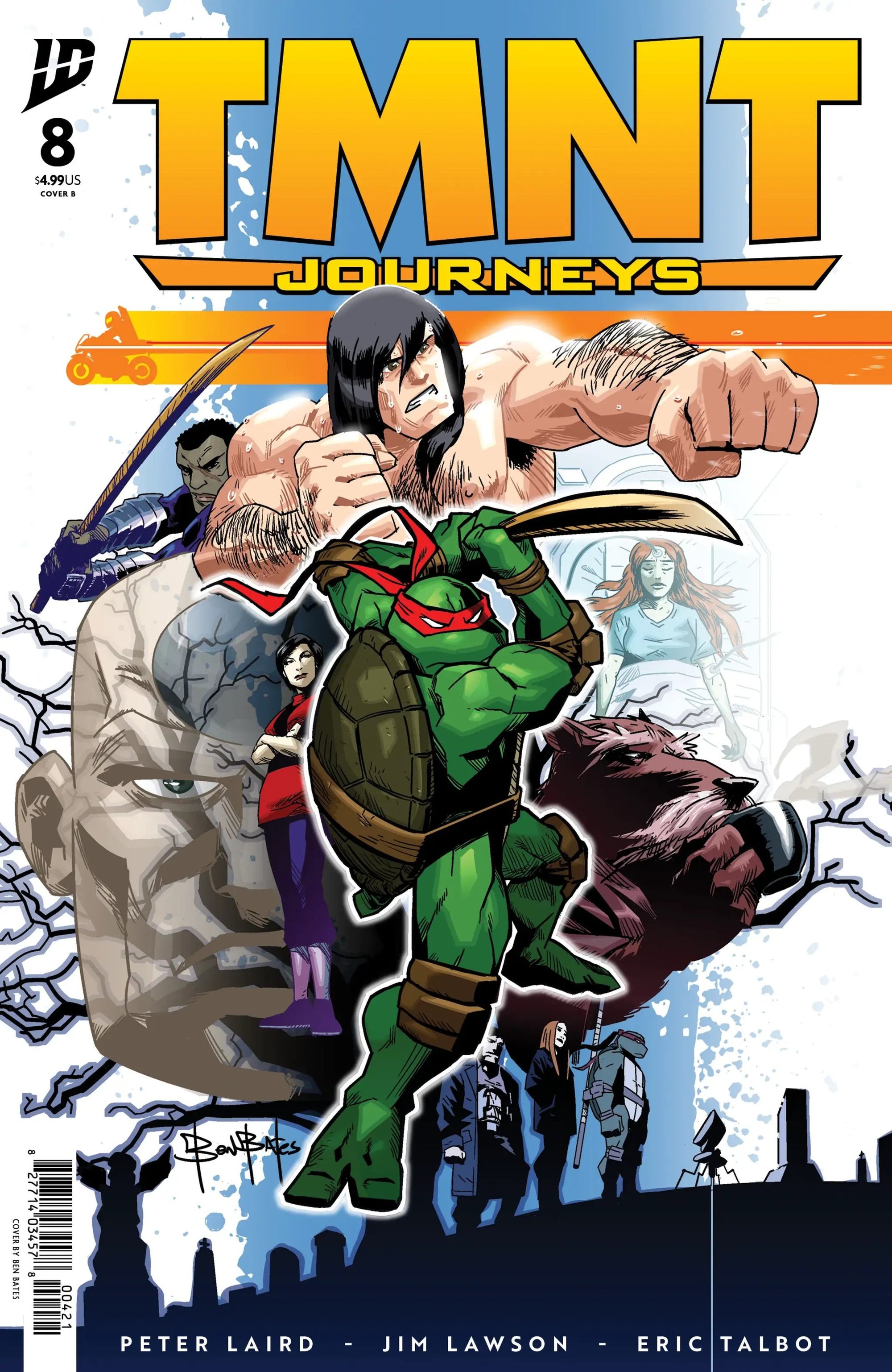 Cover of TMNT: Journeys #8 comic book published by Penguin Random House, featuring Dooney Lawson's artwork.