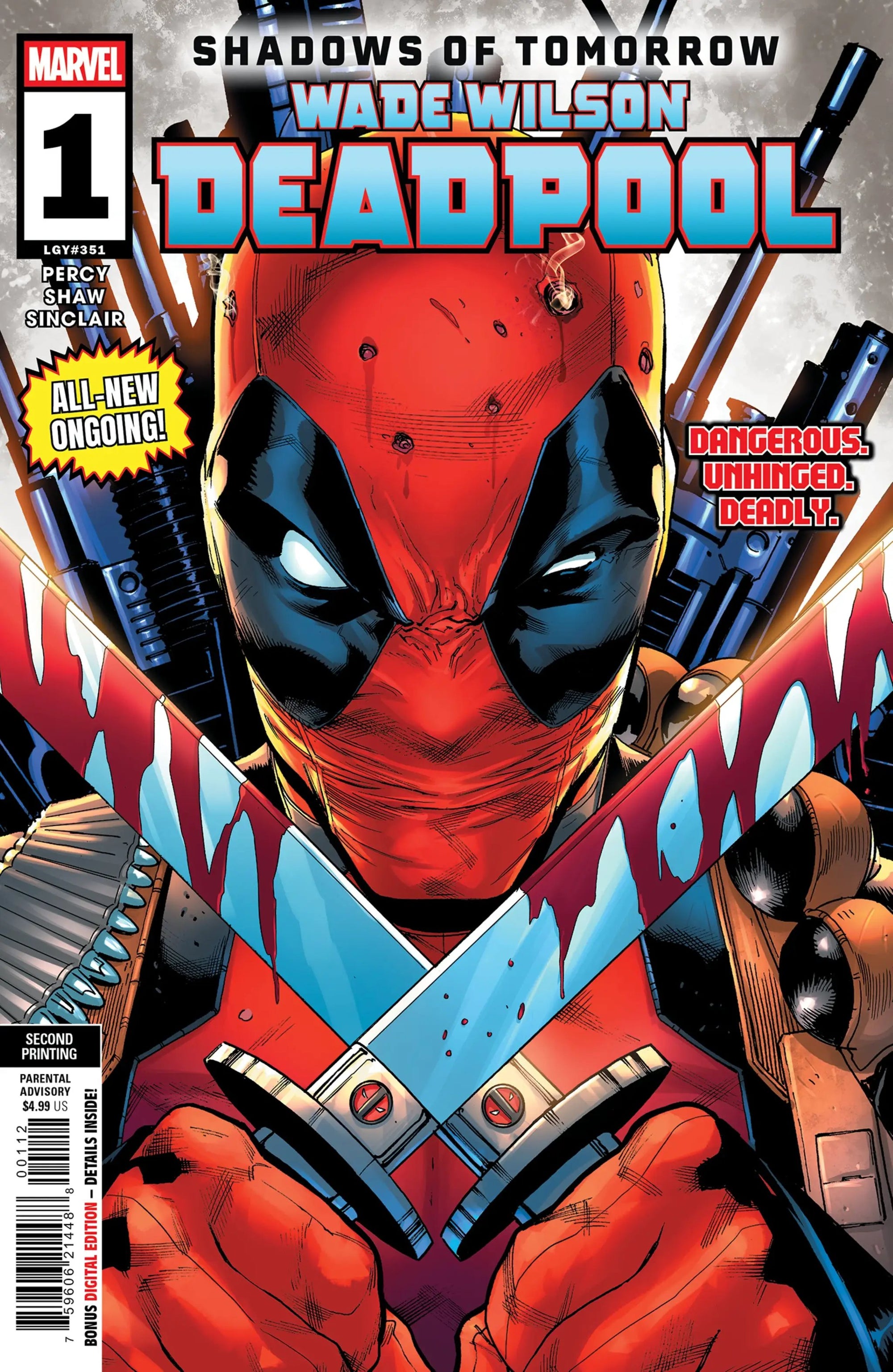 Comic book cover of Wade Wilson: Deadpool #1, Geoff Shaw 2nd printing variant, featuring Deadpool in vibrant comic art style.