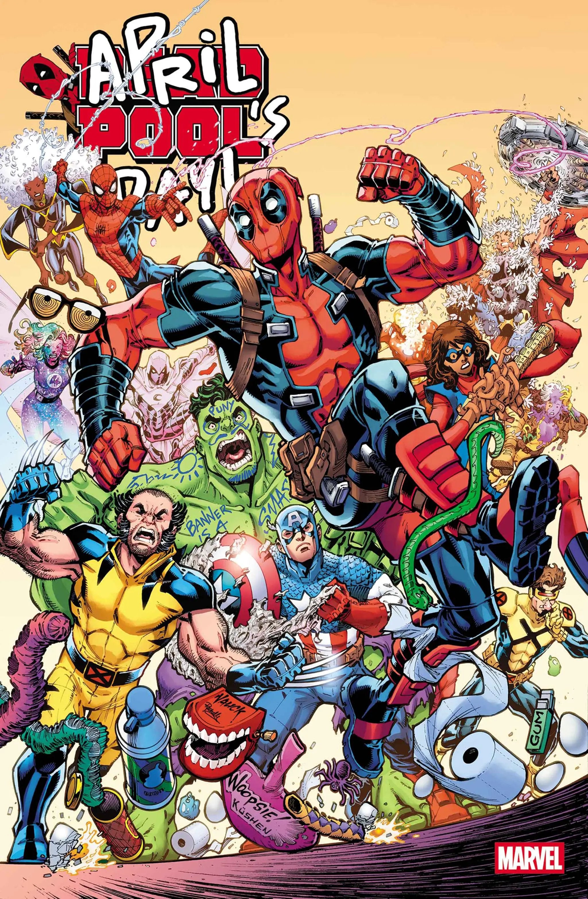 Comic book cover of Deadpool: April Pool's Day #1, published by Penguin Random House, featuring Deadpool in a humorous pose.