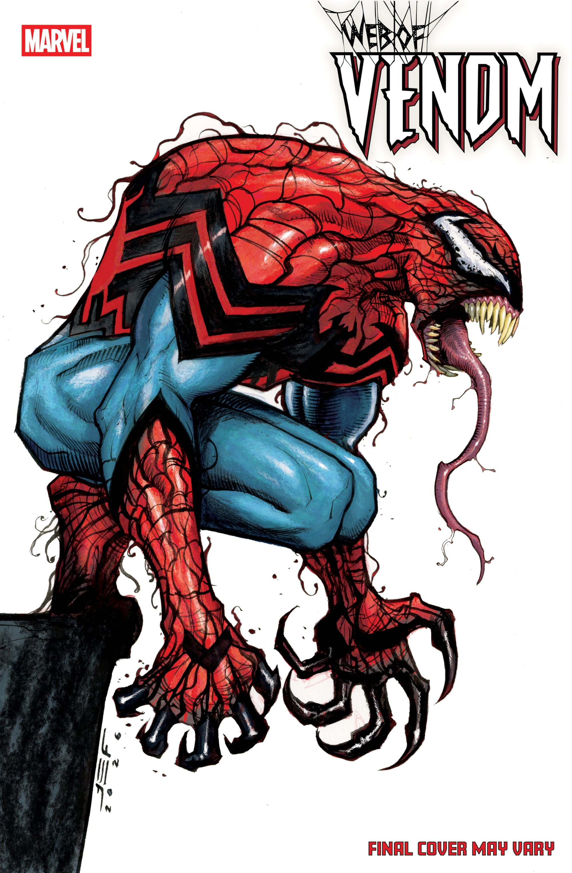 Cover of WEB OF VENOM #1 comic book by Penguin Random House featuring venomous symbiote design and comic art style.