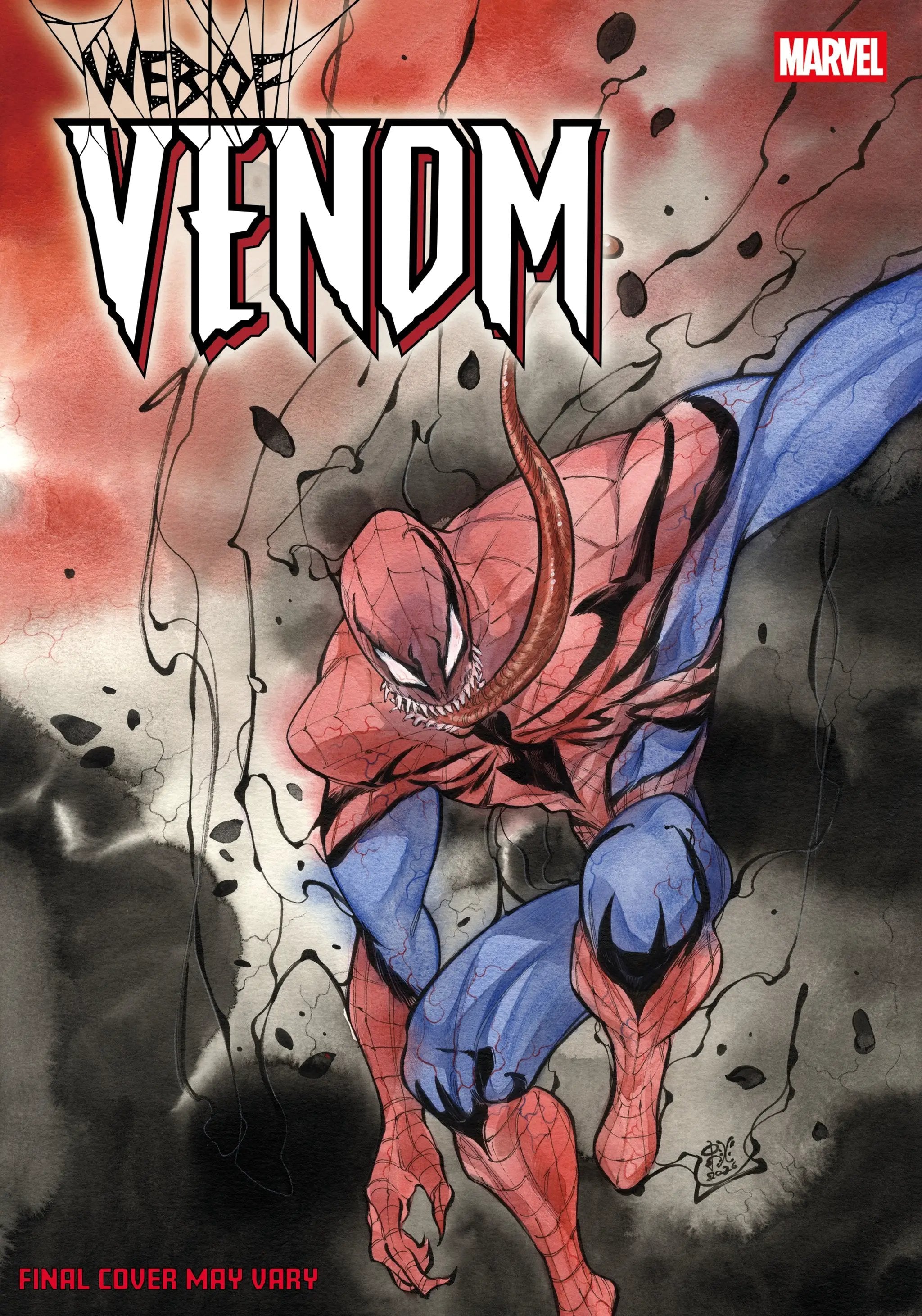 Cover of WEB OF VENOM #1 comic book by Penguin Random House, featuring a dynamic illustration of venomous characters.