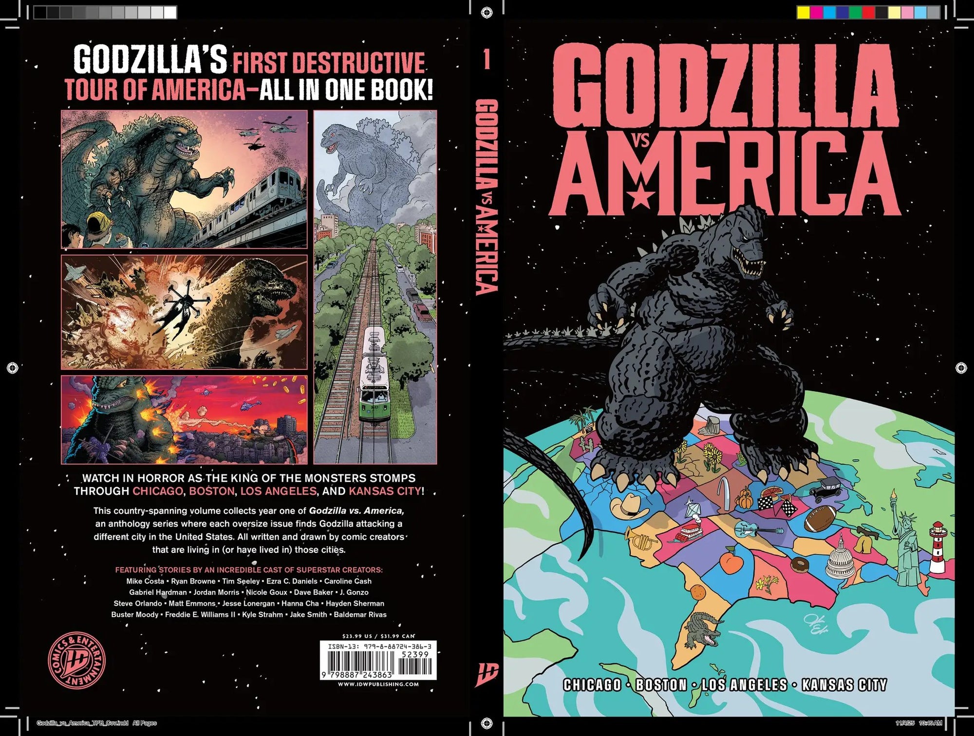 Cover of Godzilla Vs. America graphic novel by Penguin Random House featuring scenes from Boston, Chicago, Kansas City, and Los Angeles.