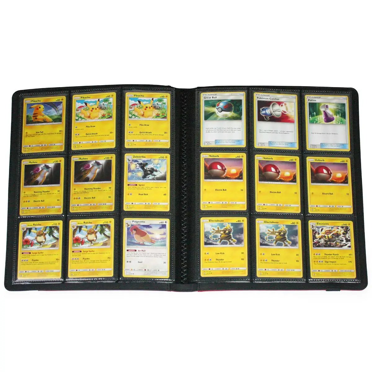 Inside view of THE MIGHTY HOBBY SHOP Folio 9-Pocket LX Album in red and white, showcasing multiple pocket pages for collectibles.