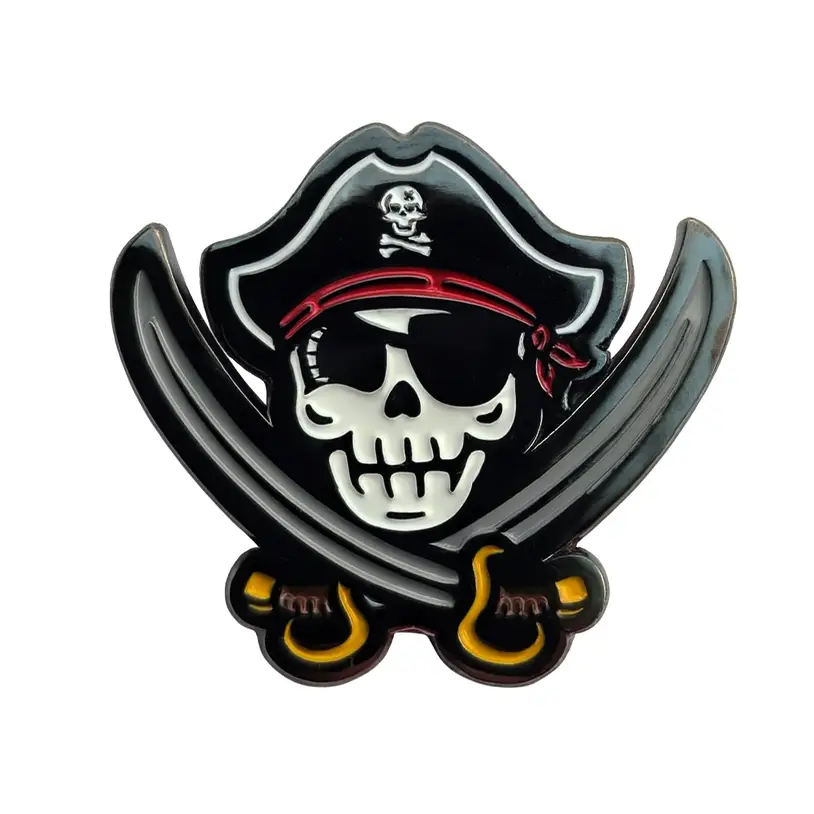 Black nickel pirate pin by Kolorspun featuring a detailed pirate design, perfect for accessorizing or collectible display.