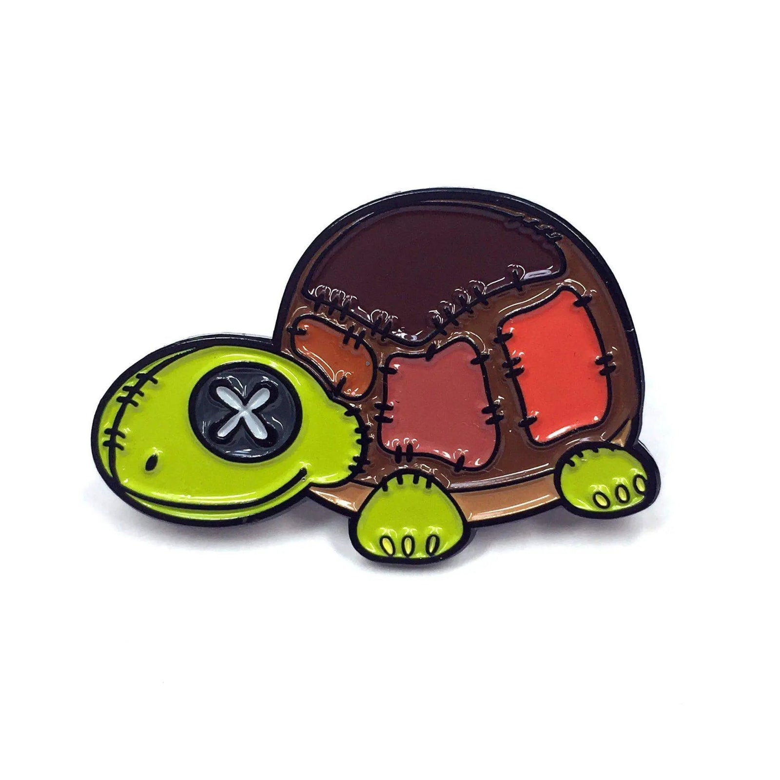 Kolorspun plush patchwork turtle pin featuring colorful fabric patches and a cute turtle design, perfect as a decorative enamel pin.