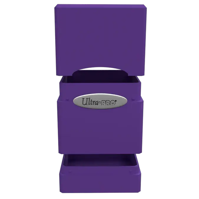 Open purple satin tower deck box from THE MIGHTY HOBBY SHOP, showcasing interior storage space for trading cards or collectibles.