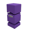 Open purple satin tower deck box from THE MIGHTY HOBBY SHOP showing interior compartments for card storage.