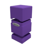 Open purple satin tower deck box from THE MIGHTY HOBBY SHOP showing interior compartments for card storage.