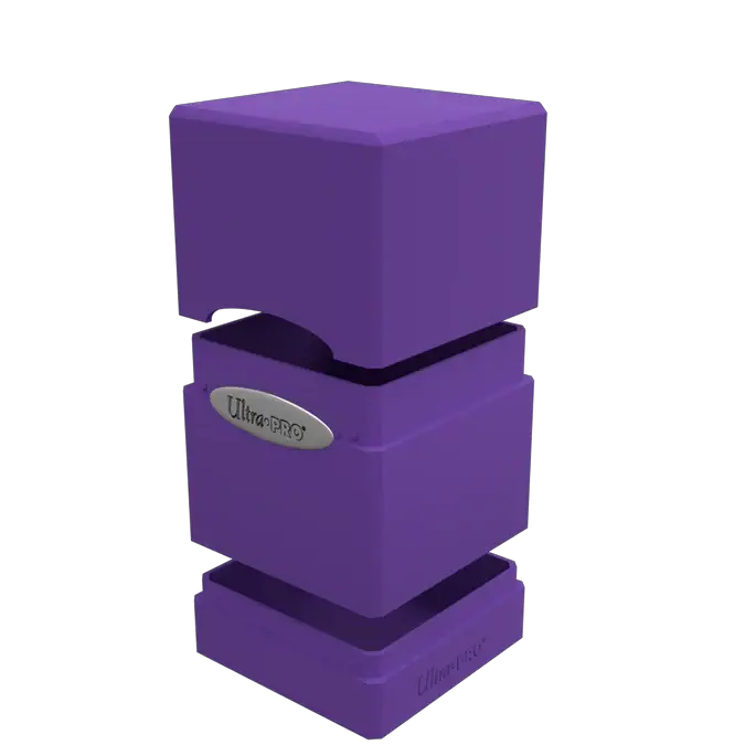 Open purple satin tower deck box from THE MIGHTY HOBBY SHOP showing interior compartments for card storage.