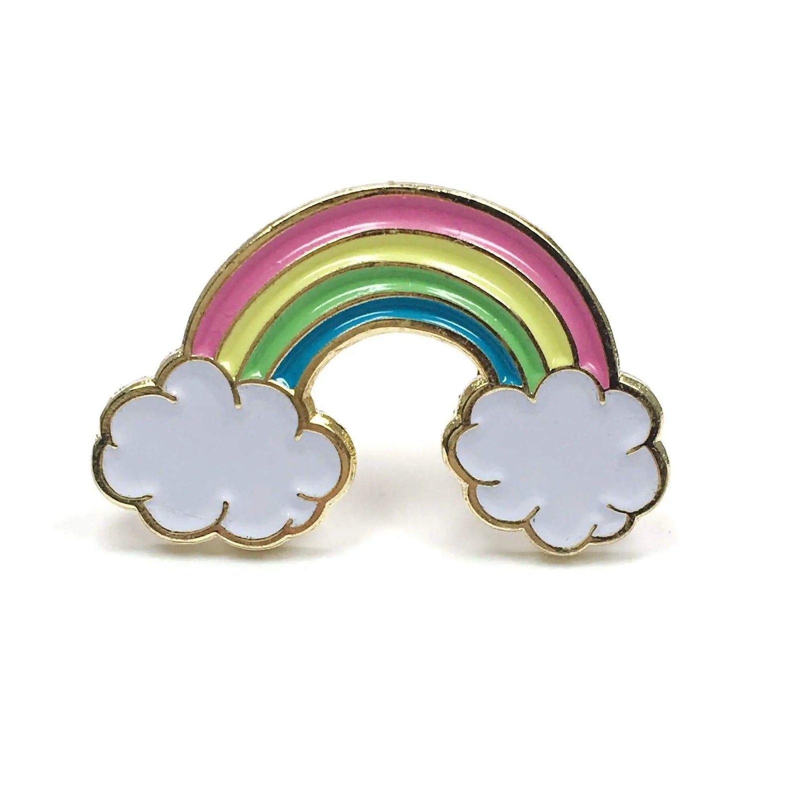 Set of colorful rainbow enamel pins by Kolorspun featuring vibrant, detailed rainbow designs on a white background.