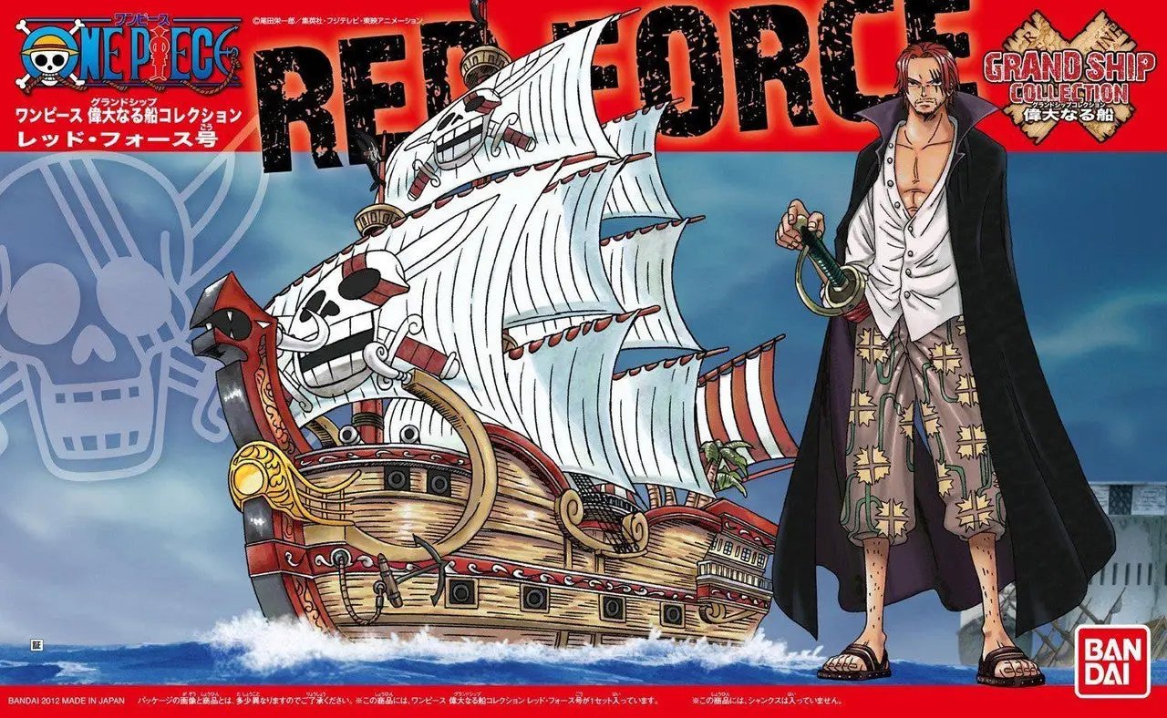 Red Force model ship from Bandai Grand Ship Collection #04, a detailed "One Piece" anime figure in red with intricate features.