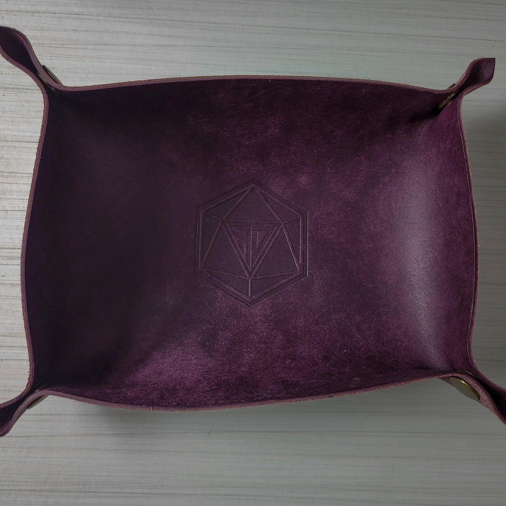 Handmade Italian purple Pueblo leather DND dice tray by Runic Dice, featuring detailed craftsmanship and a spacious design.