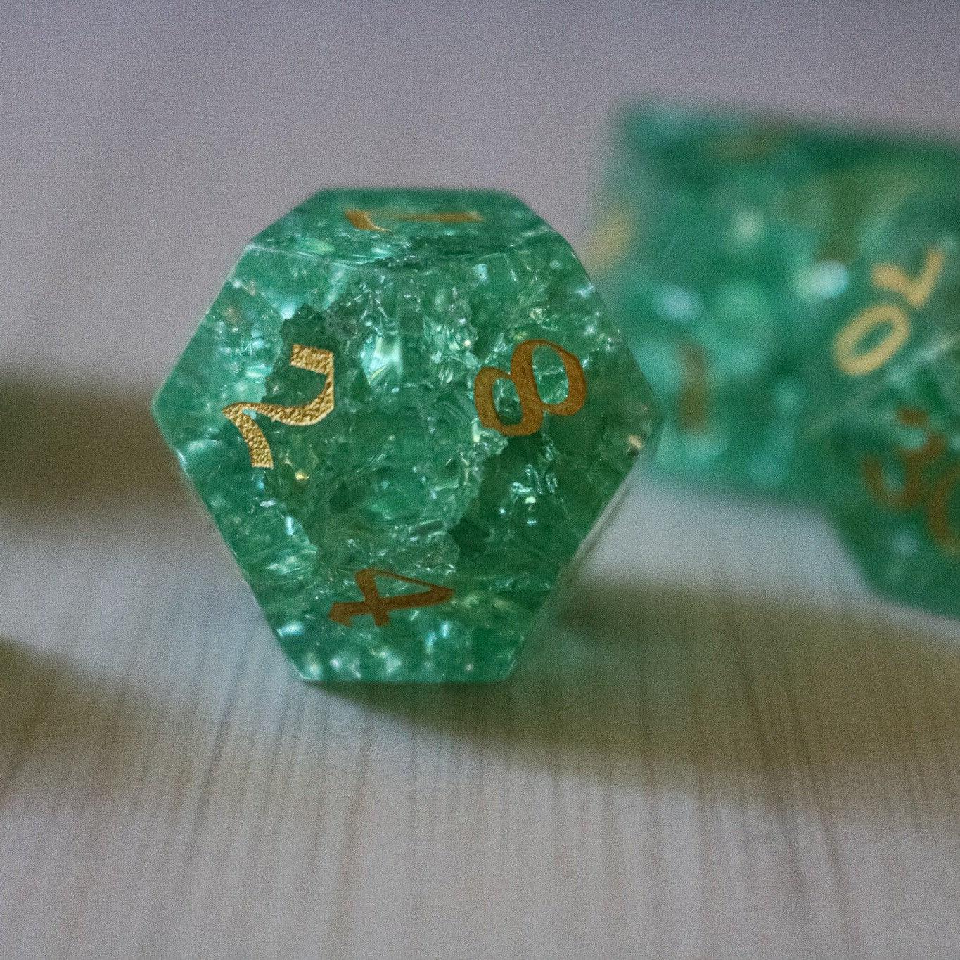 Green Lightning Cracked Glass gemstone DND dice set by Runic Dice, featuring vibrant green and lightning crack design.