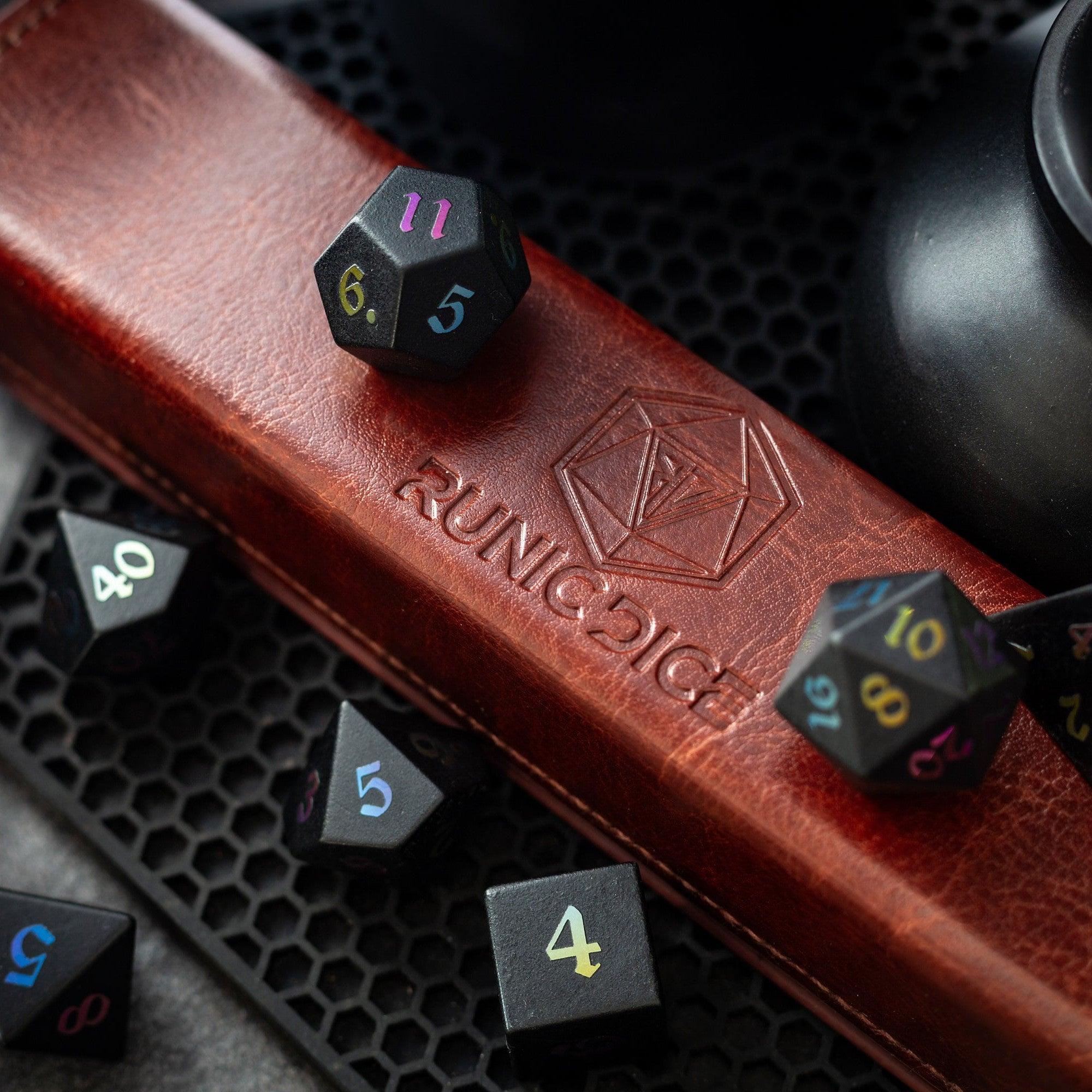 Runic Dice Inked Black Night raised obsidian gemstone DND set featuring hand-carved dice with intricate details.
