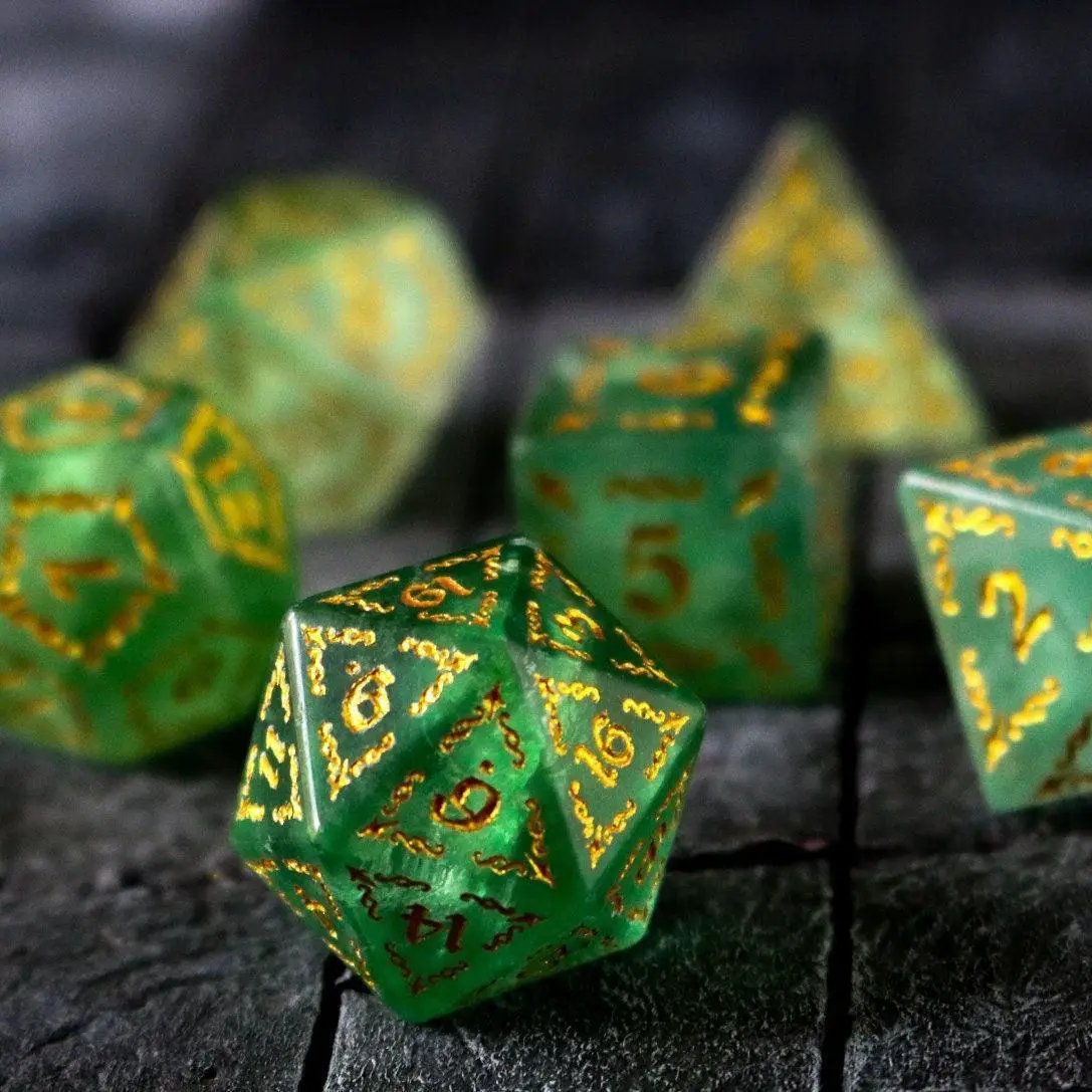 Green fluorite gemstone DND dice set by Runic Dice featuring vine spike design for tabletop gaming.