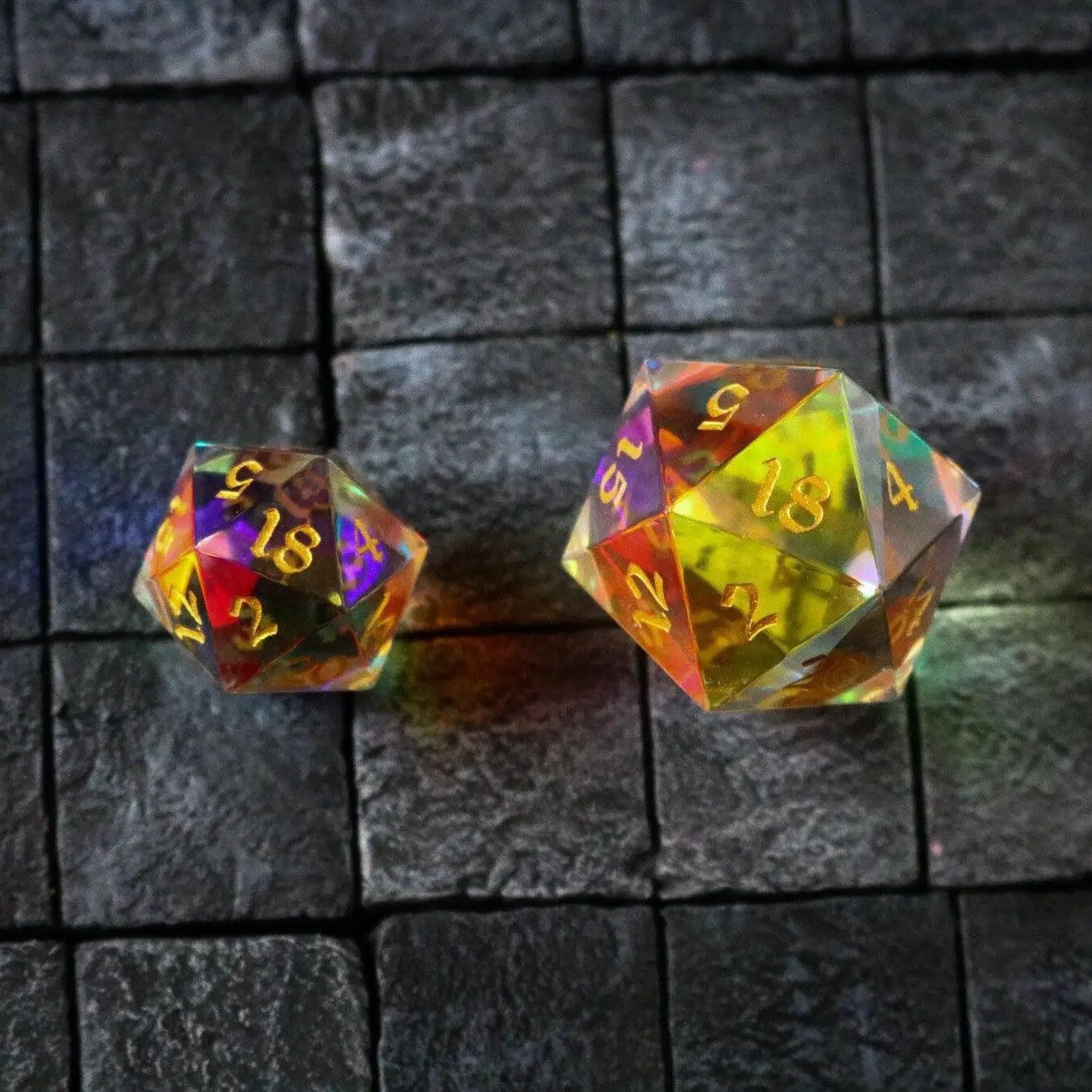 Large dragon egg-shaped dichroic glass D20 gemstone polyhedral dice by Runic Dice, featuring vibrant color shifts and intricate details.