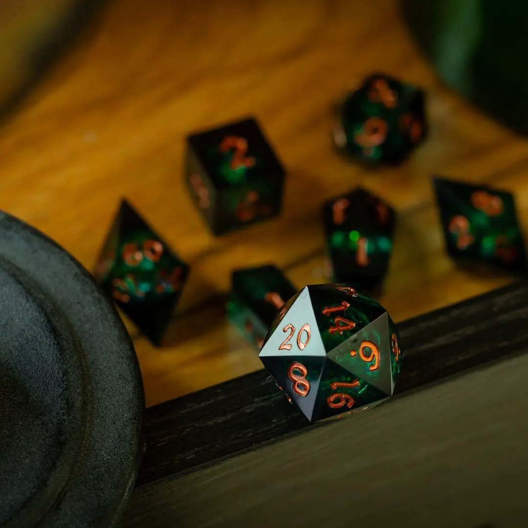 Runic Dice Witchwood Heart Liquid Core DND Dice Set with transparent, colorful dice featuring a heart-shaped design and liquid core.