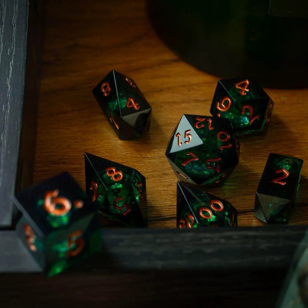 Runic Dice Witchwood Heart Liquid Core DND dice set featuring translucent dice with swirling liquid cores.
