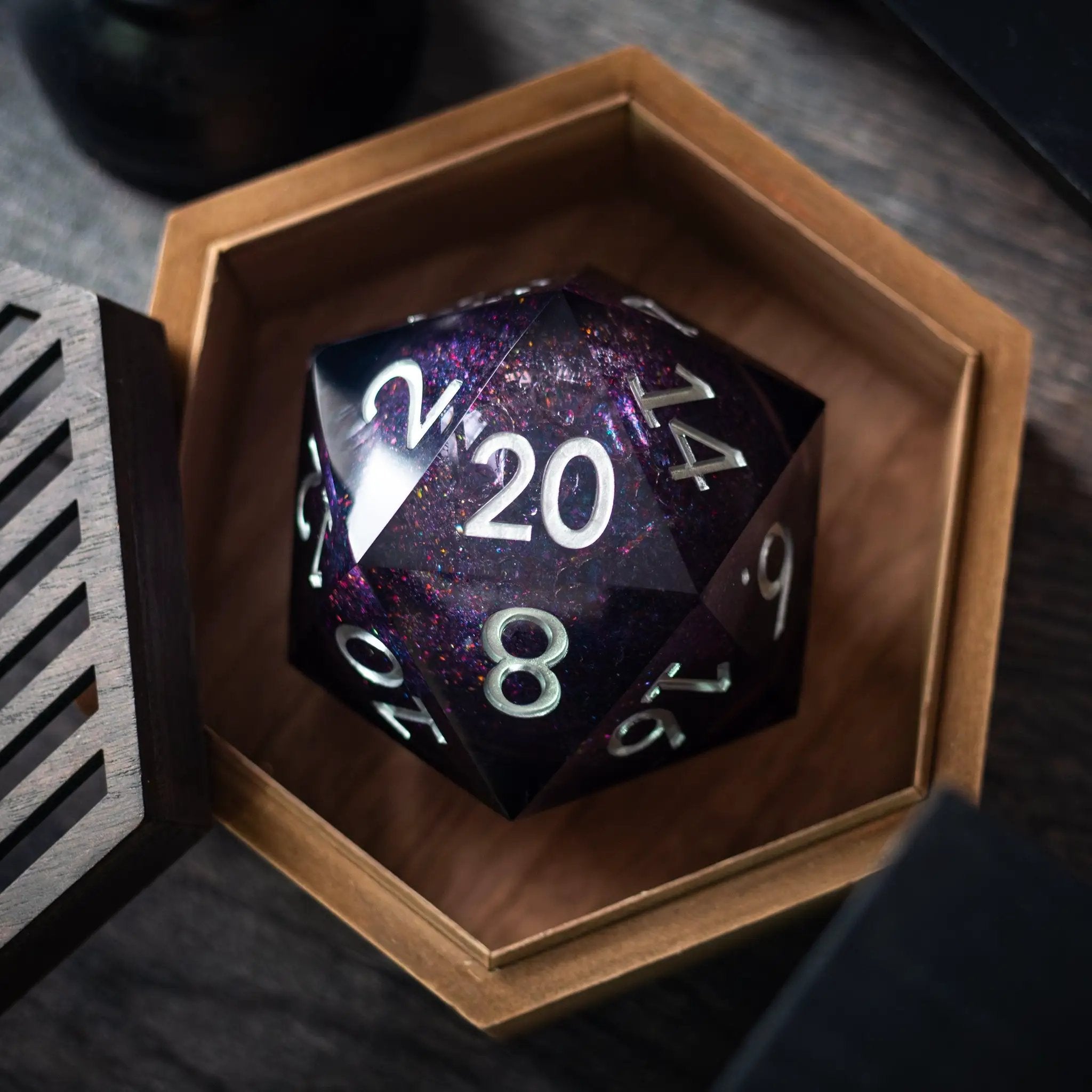 Runic Dice massive black rainbow glitter liquid core 95mm handmade resin chonk dice with matching storage box