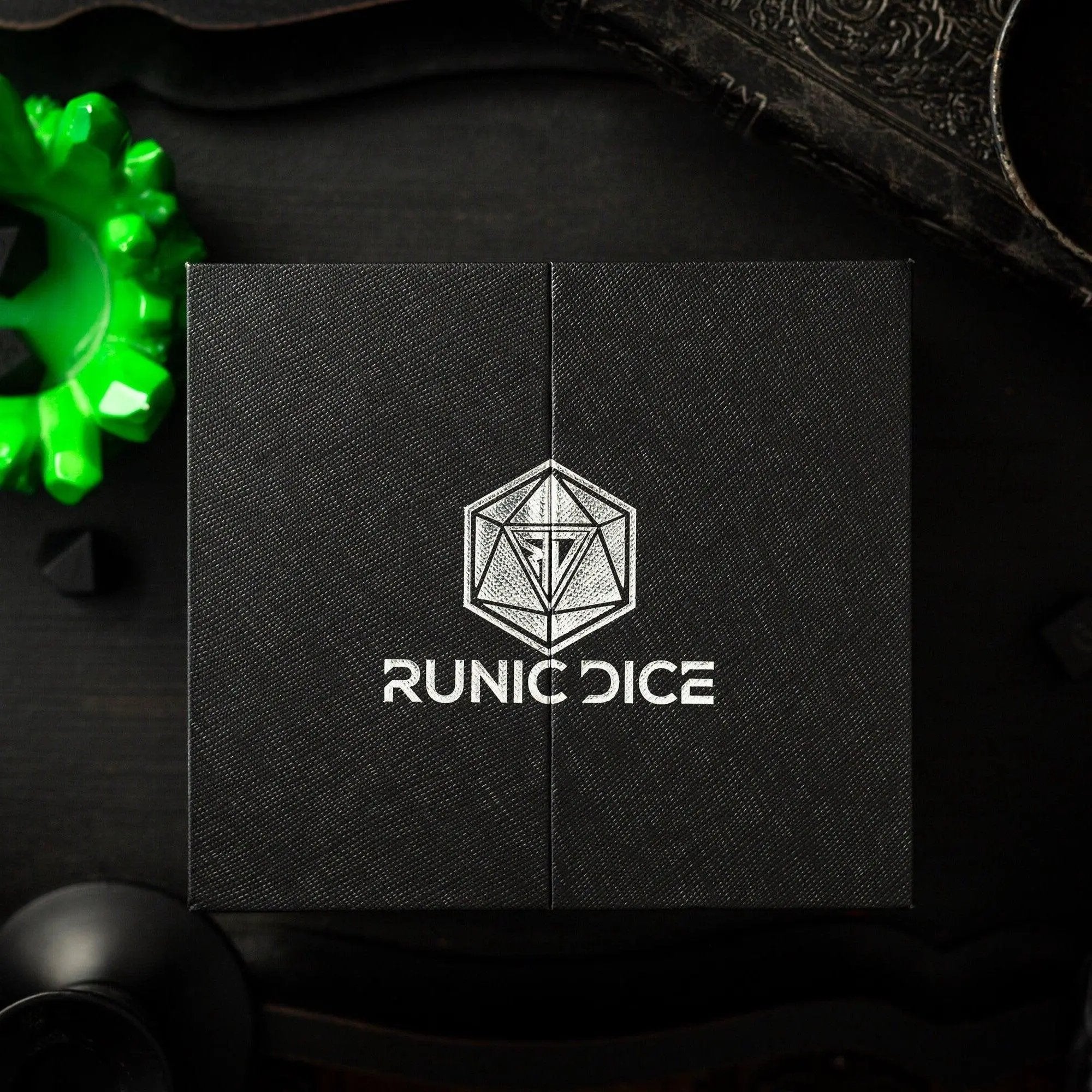 Runic Dice massive green resin chonk with liquid core skull design, includes matching box, 95mm size, handmade collectible resin dice.