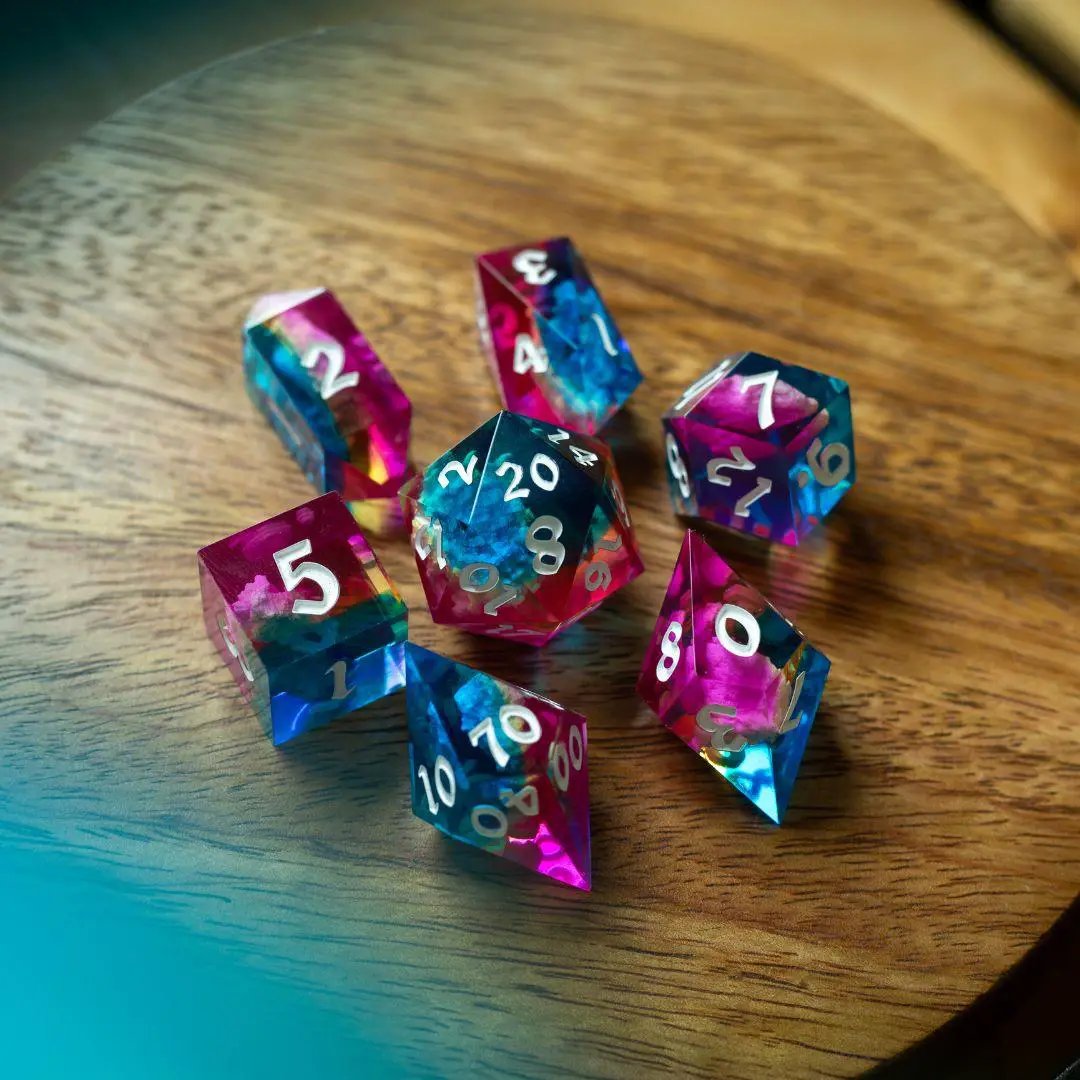 Runic Dice Starlit Rift resin DND dice set featuring shimmering, cosmic-inspired design with multiple colorful polyhedral dice.