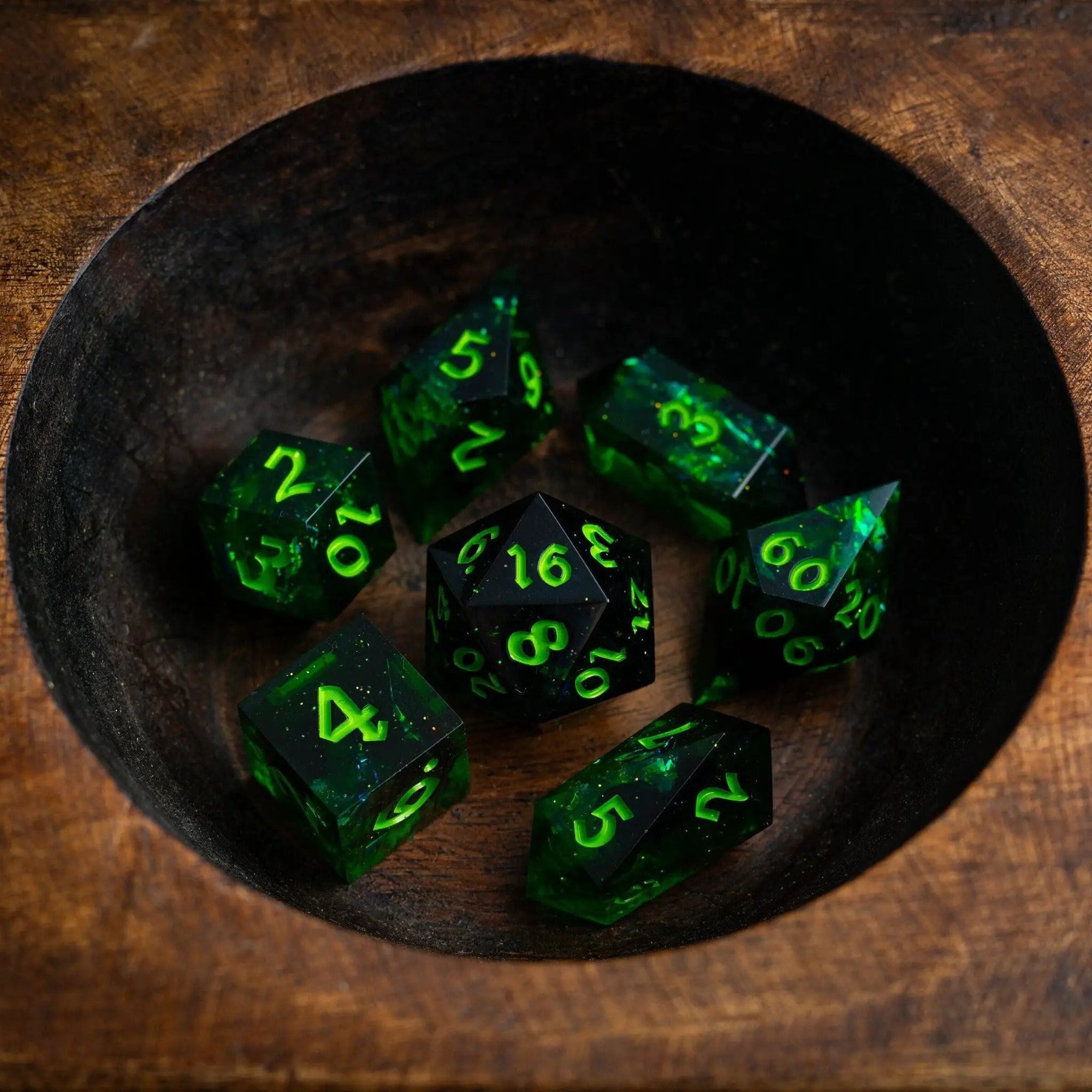 Nox Green handmade resin DND dice set by Runic Dice featuring multiple polyhedral dice on a neutral background.