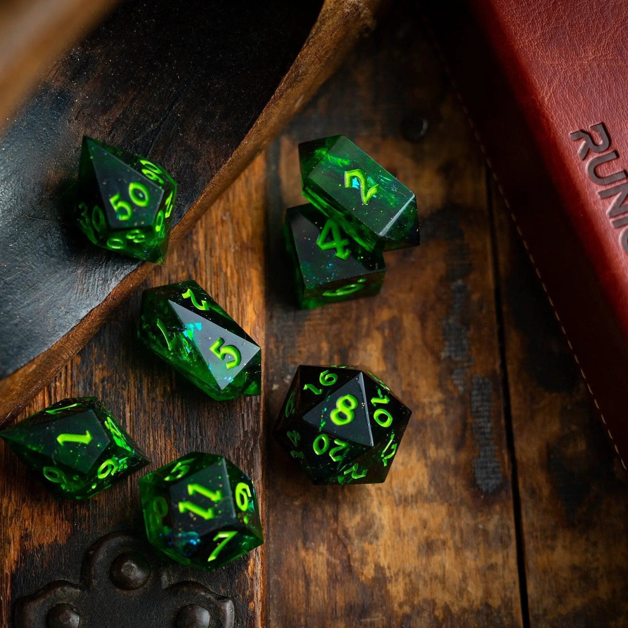Nox Green handmade resin DND dice set by Runic Dice, featuring a vibrant green color with intricate swirl patterns.