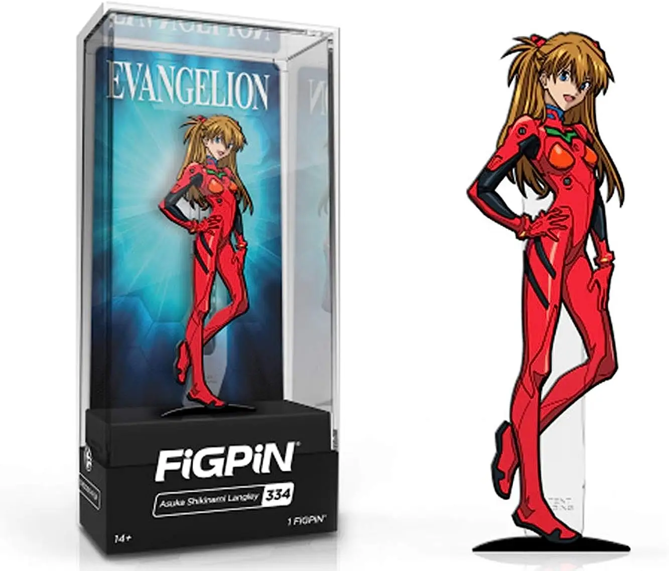 Enamel pin featuring Asuka Shikinami Langley from Evangelion, with detailed design and vibrant colors, displayed on a plain background.